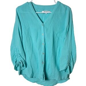 Foxcroft Small Turquoise Aqua Cotton Gauze Button Up Blouse 3/4 Sleeve Rouching